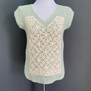 Field Flower Women's Sweater Small Green Ivory Crochet Sheer Back Butterfly